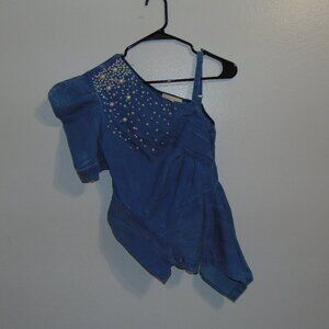 One-Shoulder Embellished Denim Dress/Top with Pearl Studs – Size Small